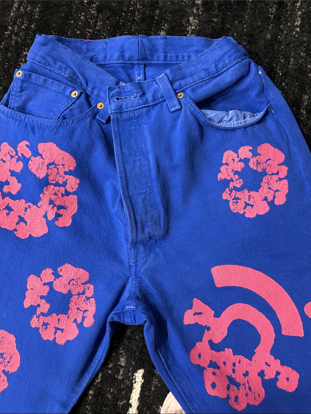 Bright Blue High-Waist Jeans with Pink Floral Print - Picture 2 of 4